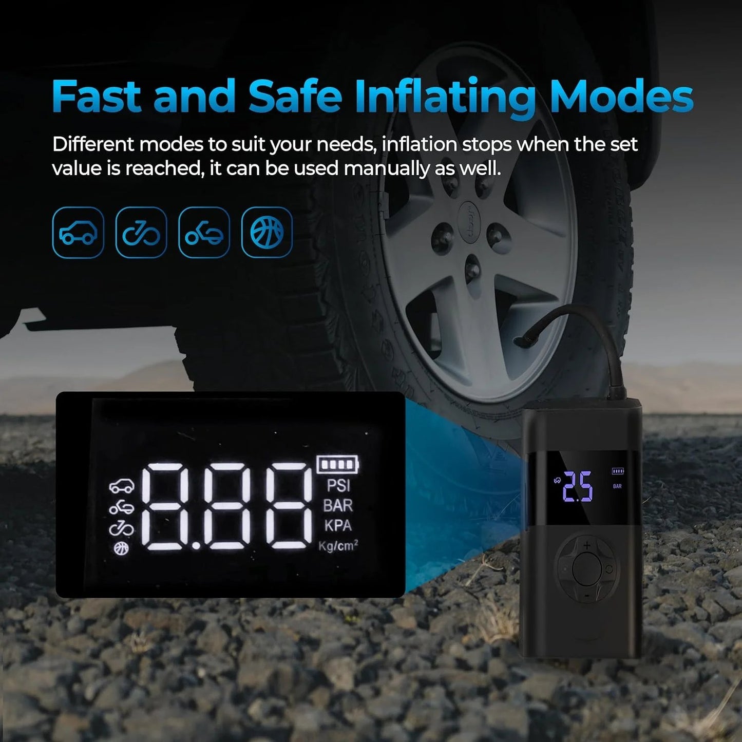 Portable Tire Inflator - Smart ON/OFF Hose Design