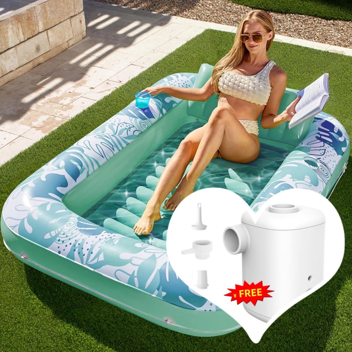 LAST DAY PROMOTION - BUY 1 GET AIR PUMP FREE -Inflatable Tanning Pool Lounge Float With Cup Holder