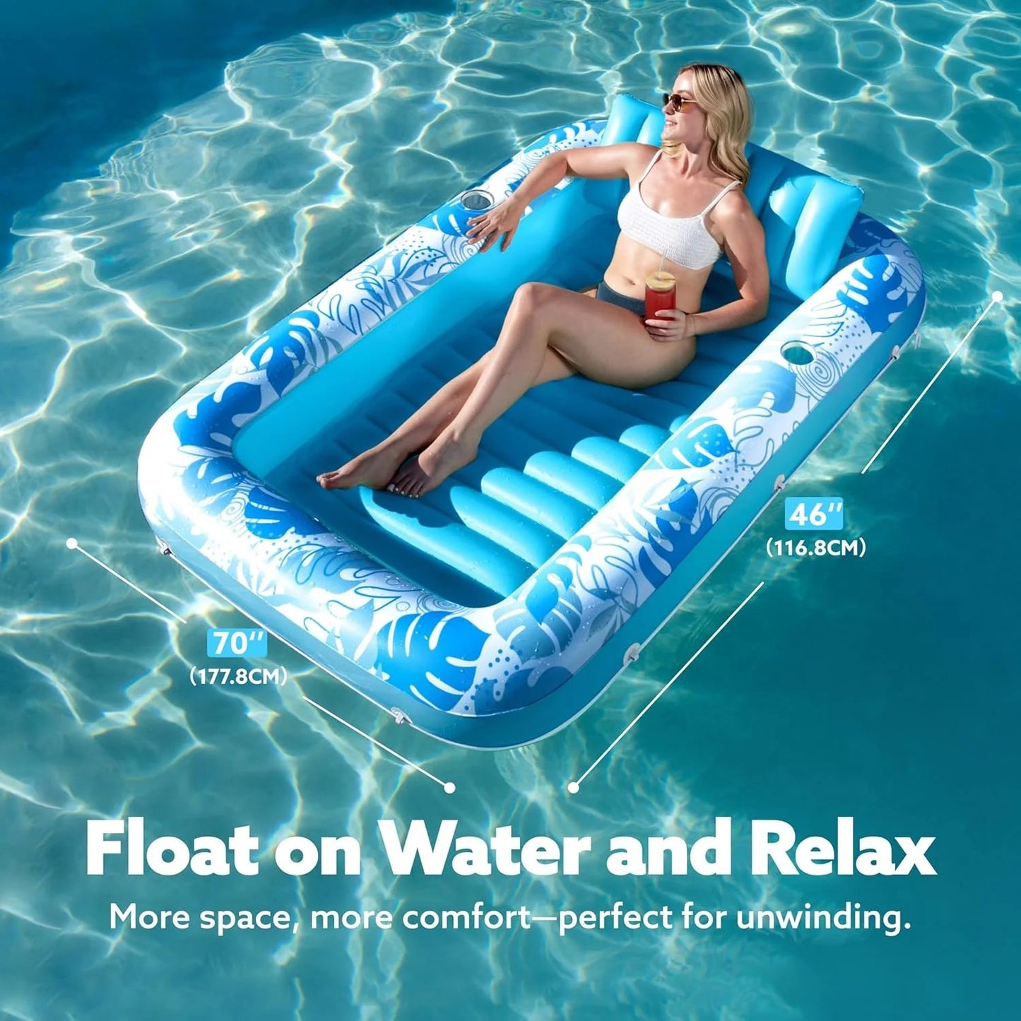 LAST DAY PROMOTION - BUY 1 GET AIR PUMP FREE -Inflatable Tanning Pool Lounge Float With Cup Holder