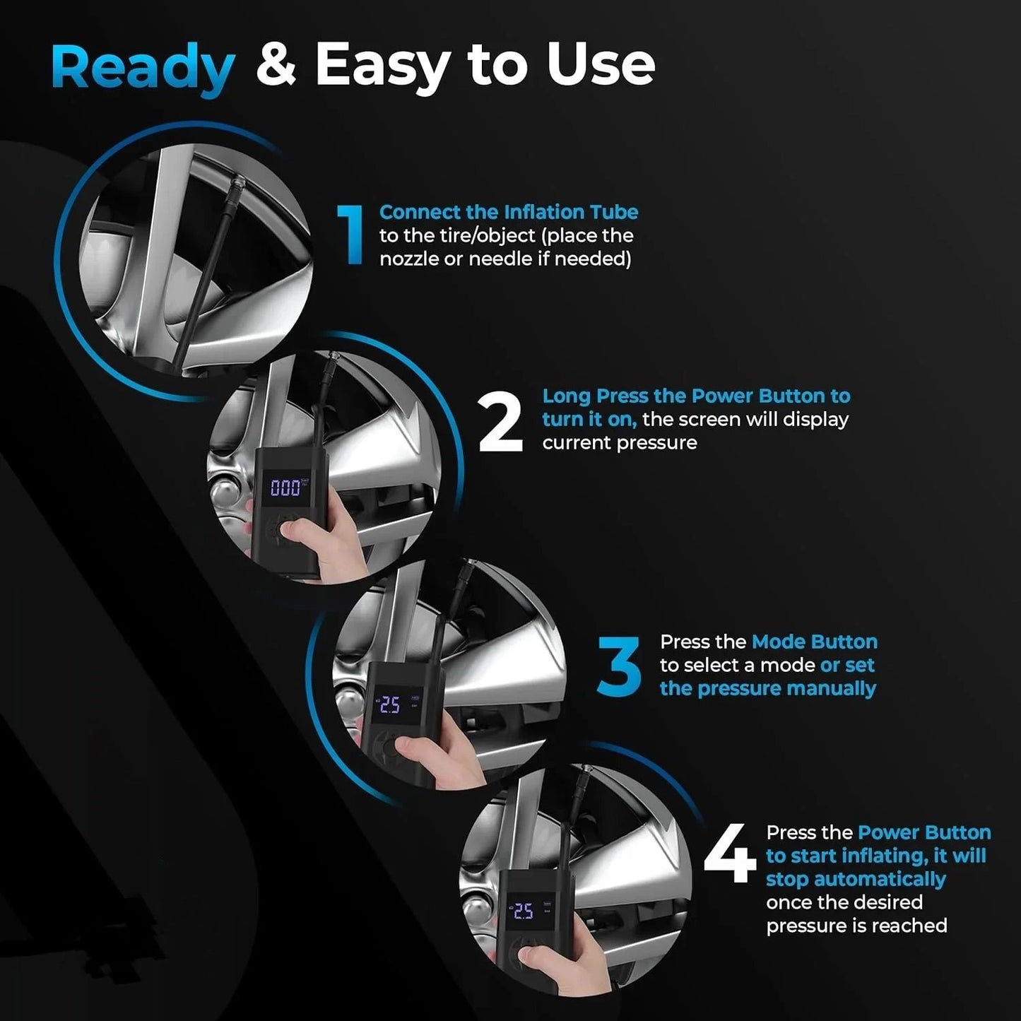 Portable Tire Inflator - Smart ON/OFF Hose Design