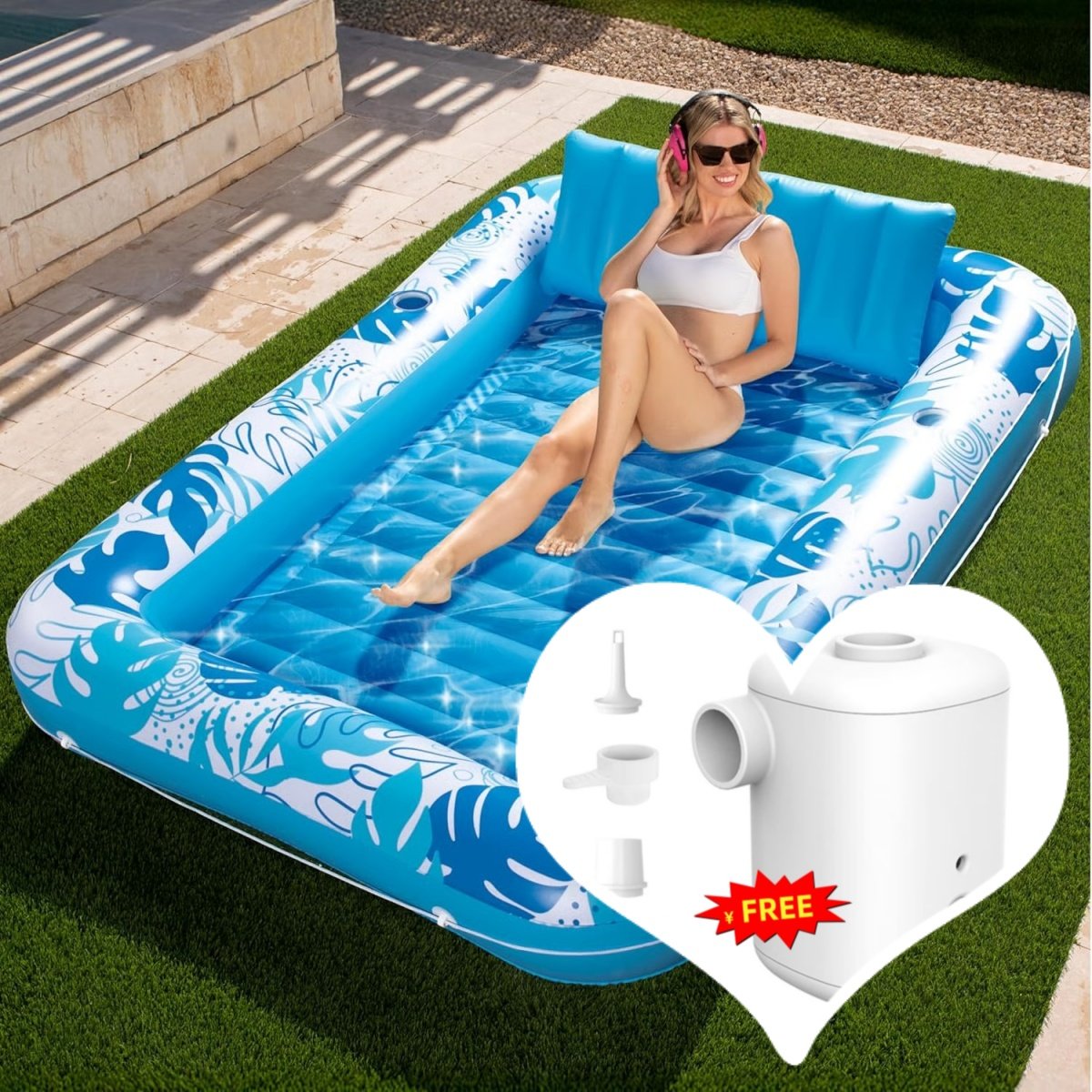 LAST DAY PROMOTION - BUY 1 GET AIR PUMP FREE -Inflatable Tanning Pool Lounge Float With Cup Holder