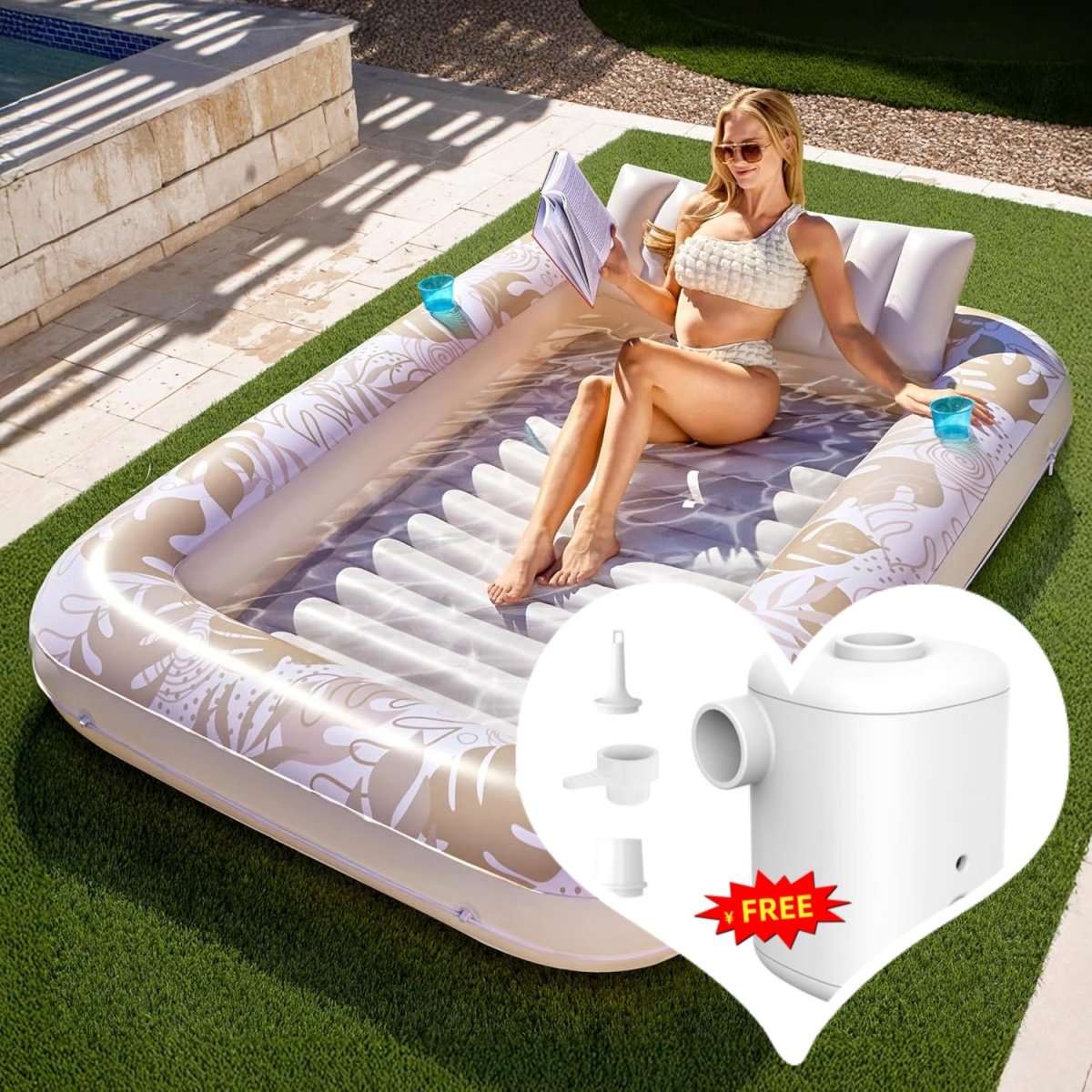 LAST DAY PROMOTION - BUY 1 GET AIR PUMP FREE -Inflatable Tanning Pool Lounge Float With Cup Holder