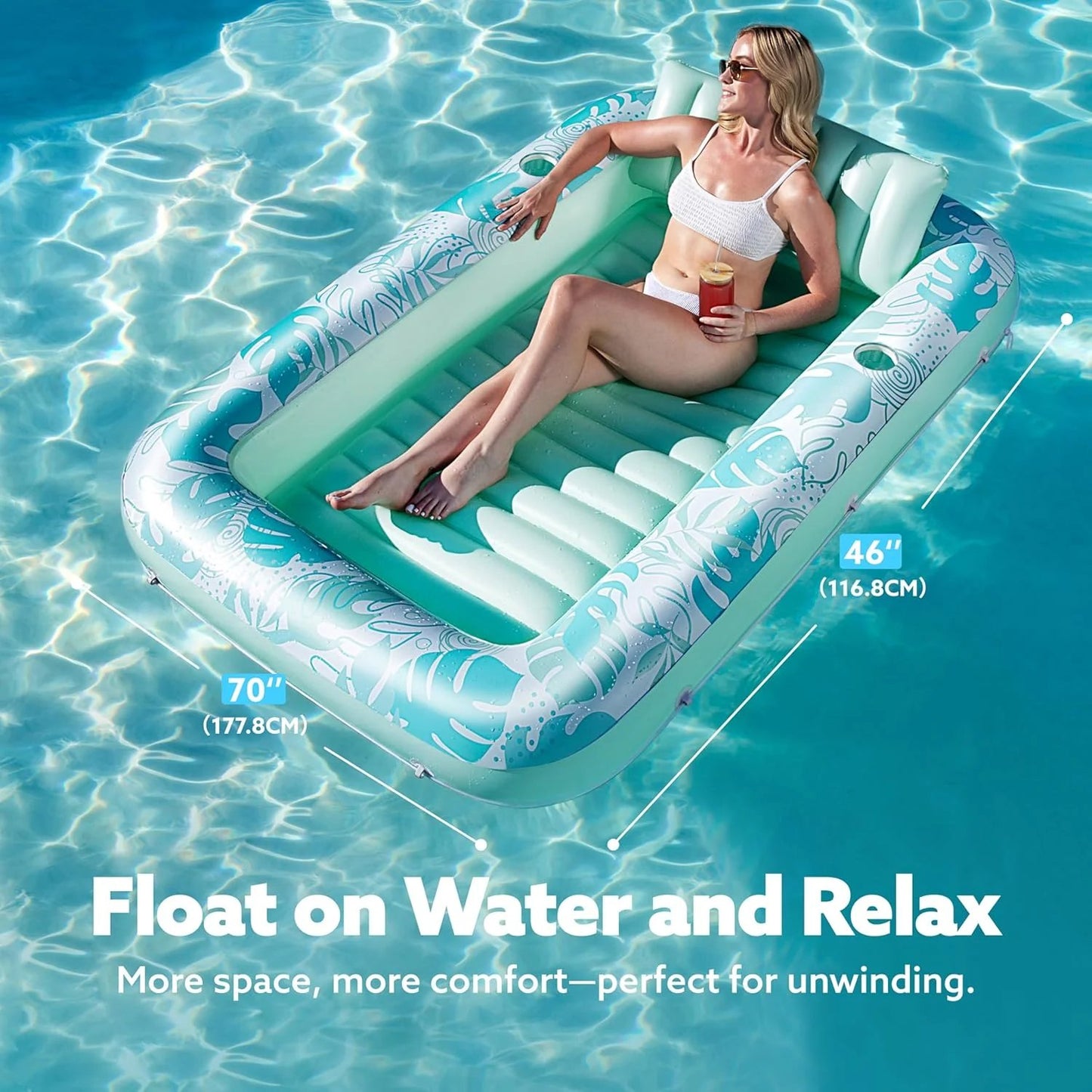 LAST DAY PROMOTION - BUY 1 GET AIR PUMP FREE -Inflatable Tanning Pool Lounge Float With Cup Holder