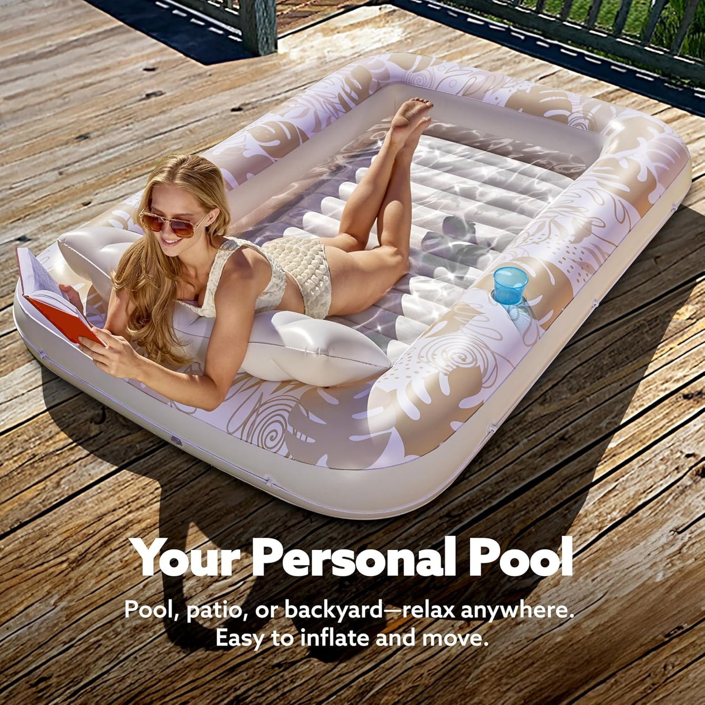 LAST DAY PROMOTION - BUY 1 GET AIR PUMP FREE -Inflatable Tanning Pool Lounge Float With Cup Holder